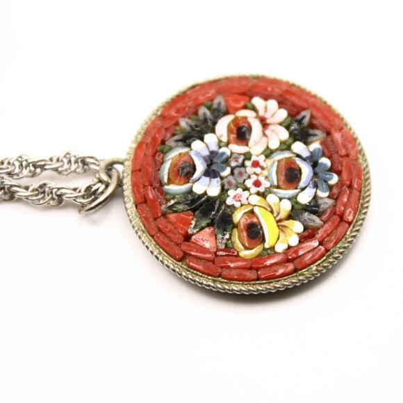 Vintage Micro Mosaic Floral Pendant Necklace Italy w Krementz Chain - Hey Viv - Picture 5 of 9